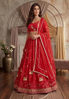 Red Embroidery Georgette Lehenga Set