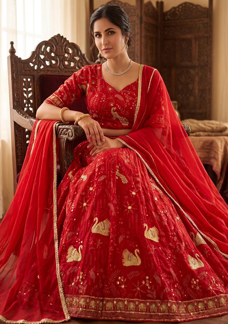 Red Embroidery Georgette Lehenga Set - Indya