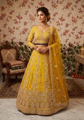 Yellow Embroidery Net Lehenga Set