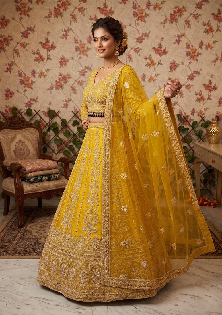 Yellow Embroidery Net Lehenga Set - Indya