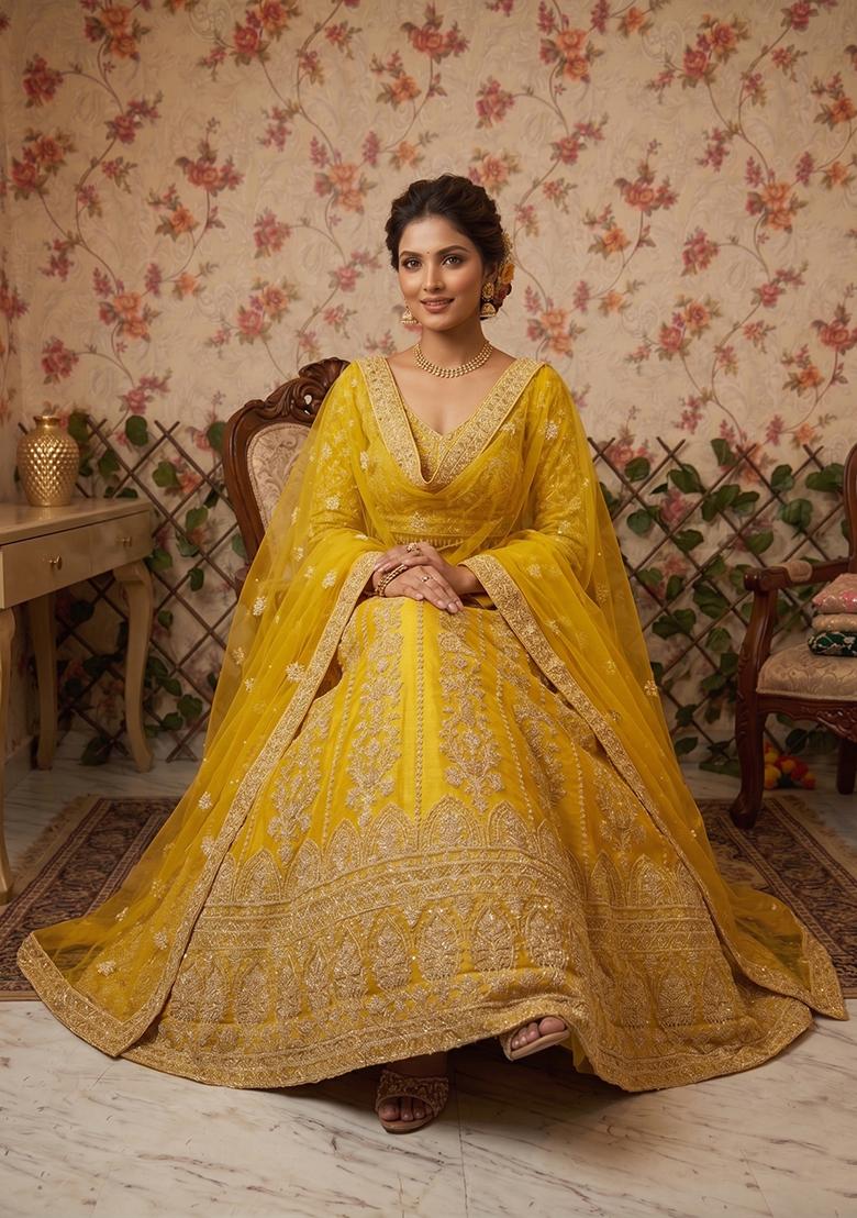 Yellow Embroidery Net Lehenga Set - Indya