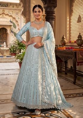 Sky Blue Embroidery Silk Lehenga Set