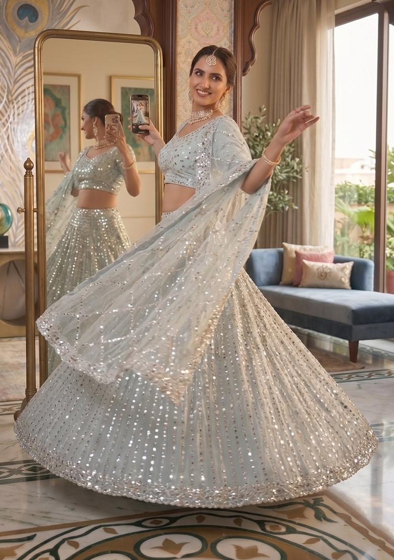 Sky Blue Embroidery Silk Lehenga Set - Indya