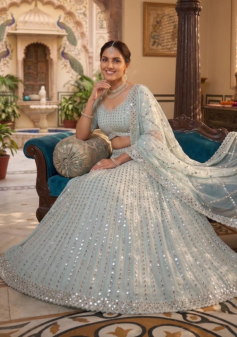 Sky Blue Embroidery Silk Lehenga Set - Indya