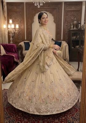 Cream Embroidery Silk Lehenga Set