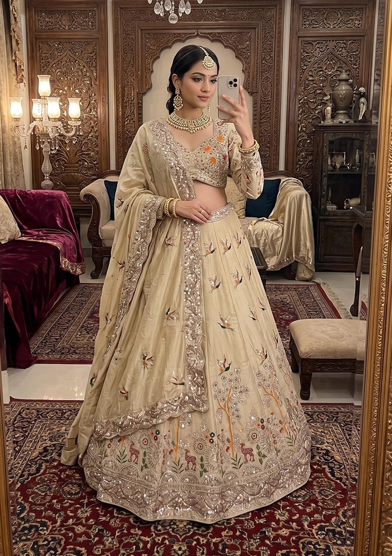 Cream Embroidery Silk Lehenga Set - Indya