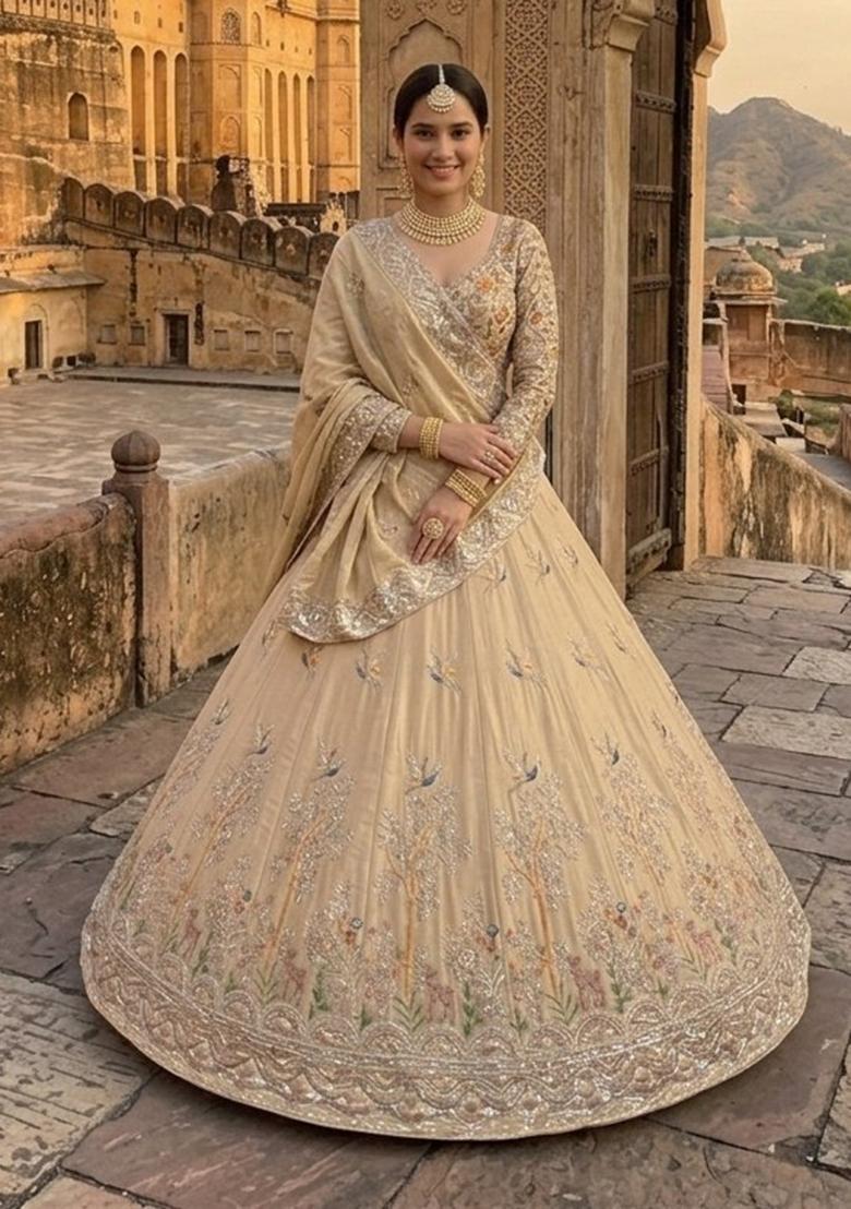Cream Embroidery Silk Lehenga Set - Indya