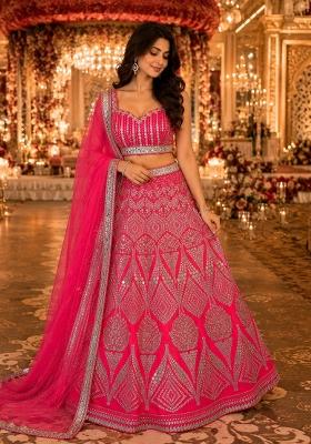 Red Embroidery Satin Lehenga Set