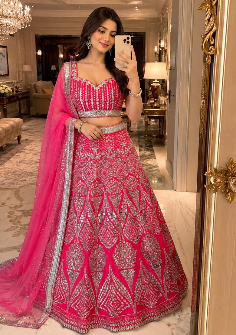 Red Embroidery Satin Lehenga Set - Indya