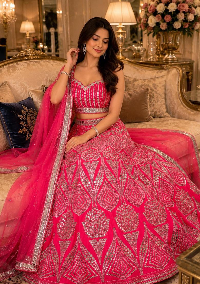 Red Embroidery Satin Lehenga Set - Indya