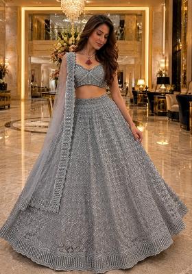 Grey Embroidery Net Lehenga Set