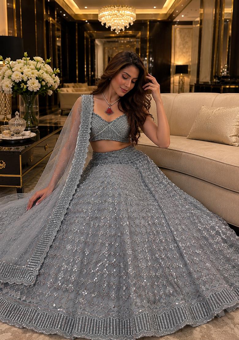 Grey Embroidery Net Lehenga Set - Indya