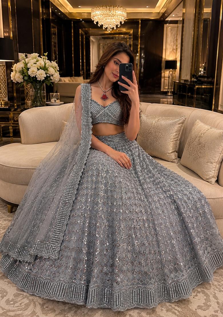 Grey Embroidery Net Lehenga Set - Indya