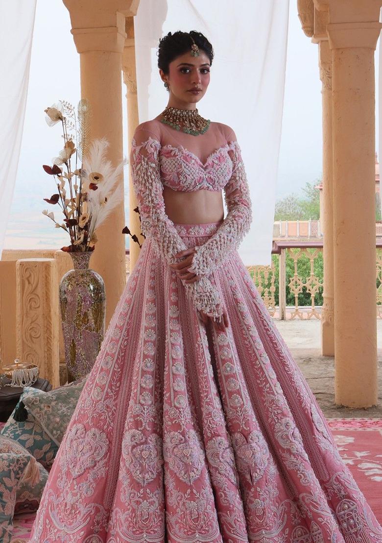 Pink Embroidery Silk Lehenga Set - Indya