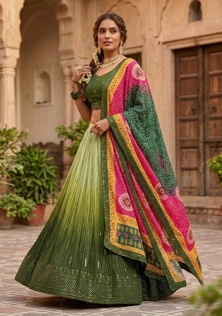 Mehendi Embroidery Silk Lehenga Set - Indya