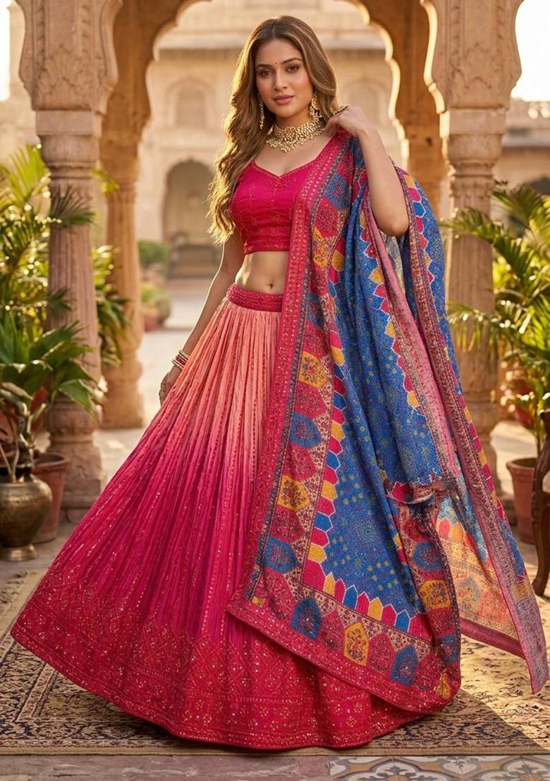 Pink Embroidery Chinon Lehenga Set - Indya
