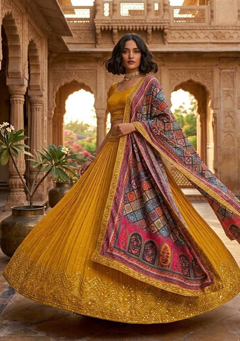 Yellow Embroidery Chinon Lehenga Set - Indya
