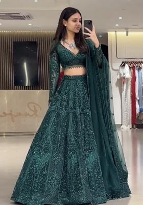 Green Embroidery Chinon Lehenga Set