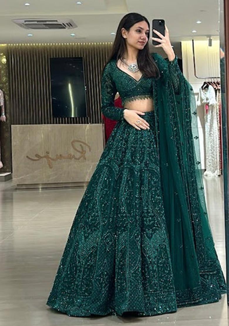 Green Embroidery Chinon Lehenga Set - Indya