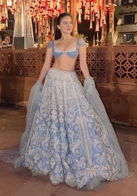 Sky Blue Embroidery Silk Lehenga Set