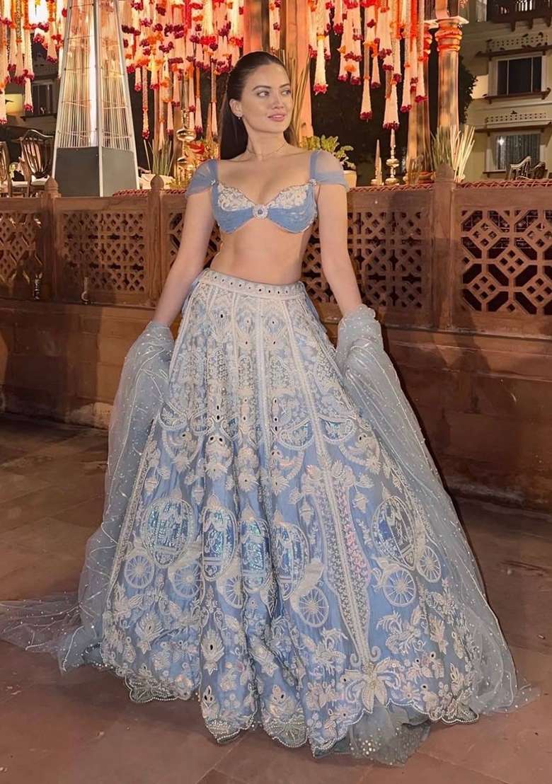 Sky Blue Embroidery Silk Lehenga Set for Diwali and Festive Wear - Indya