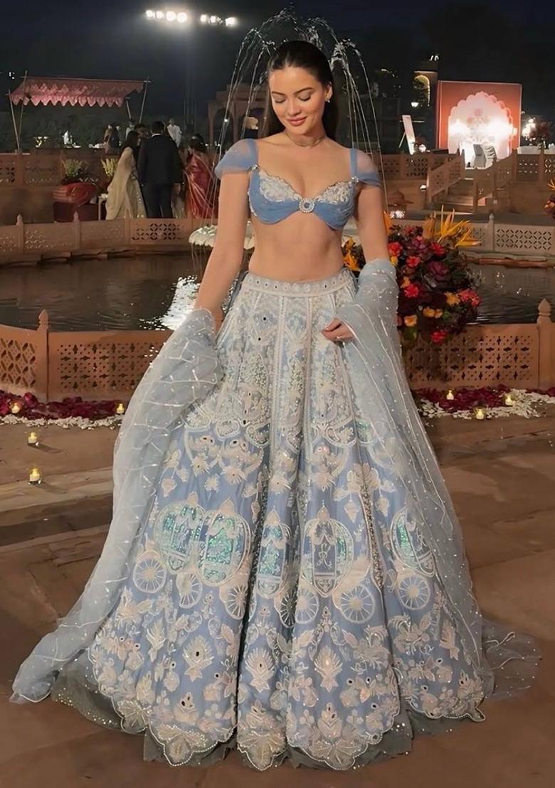 Sky Blue Embroidery Silk Lehenga Set - Indya