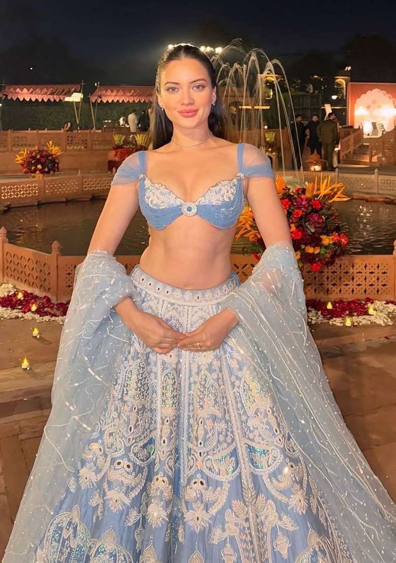 Sky Blue Embroidery Silk Lehenga Set for Diwali and Festive Wear - Indya