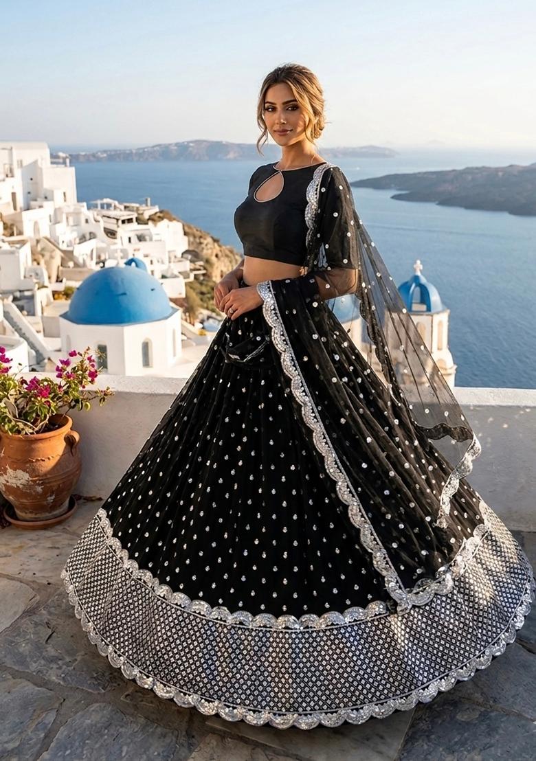 Black Embroidery Georgette Lehenga Set - Indya