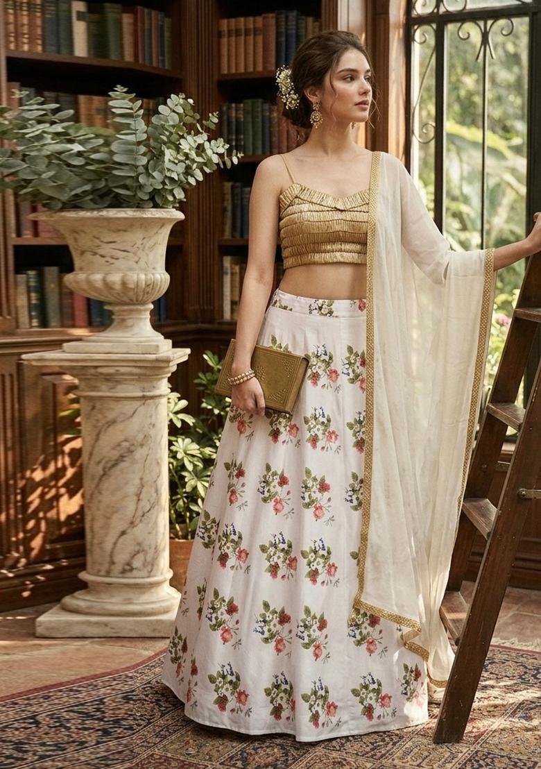 White Embroidery Silk Lehenga Set - Indya