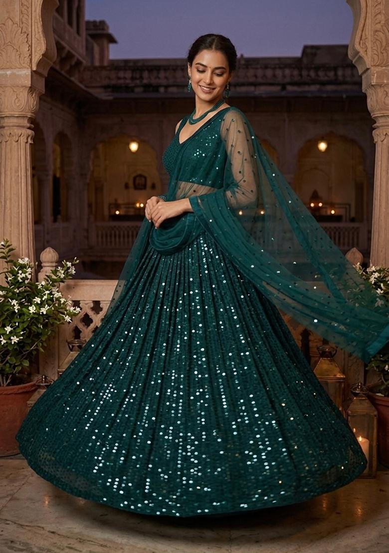 Green Embroidery Georgette Lehenga Set - Indya
