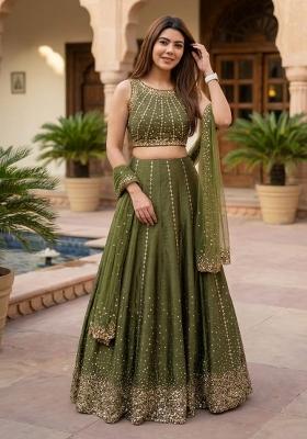 Mehendi Embroidery Silk Lehenga Set
