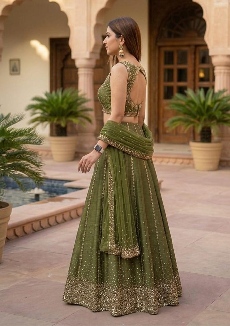 Mehendi Embroidery Silk Lehenga Set - Indya