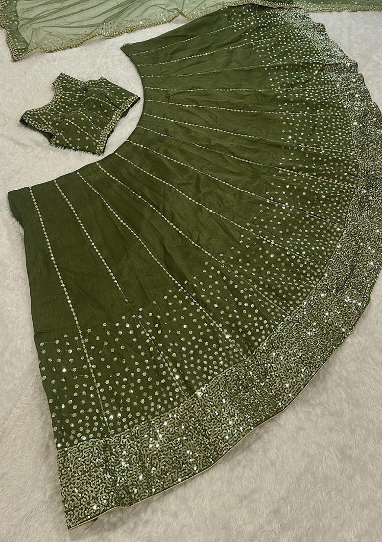 Mehendi Embroidery Silk Lehenga Set - Indya