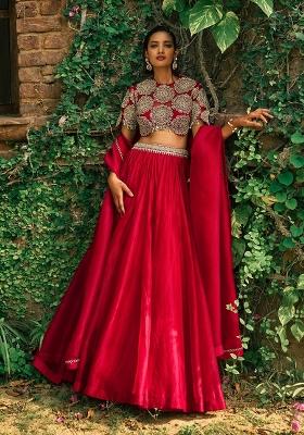 Red Embroidery Silk Lehenga Set