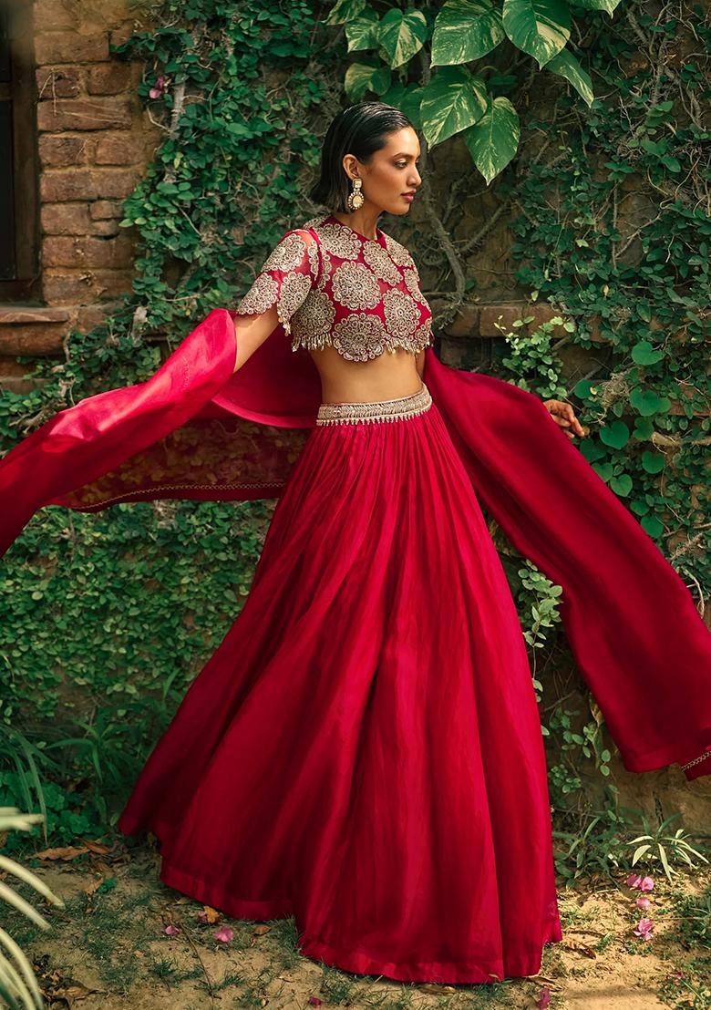 Red Embroidery Silk Lehenga Set - Indya