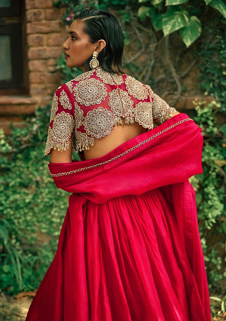 Red Embroidery Silk Lehenga Set - Indya