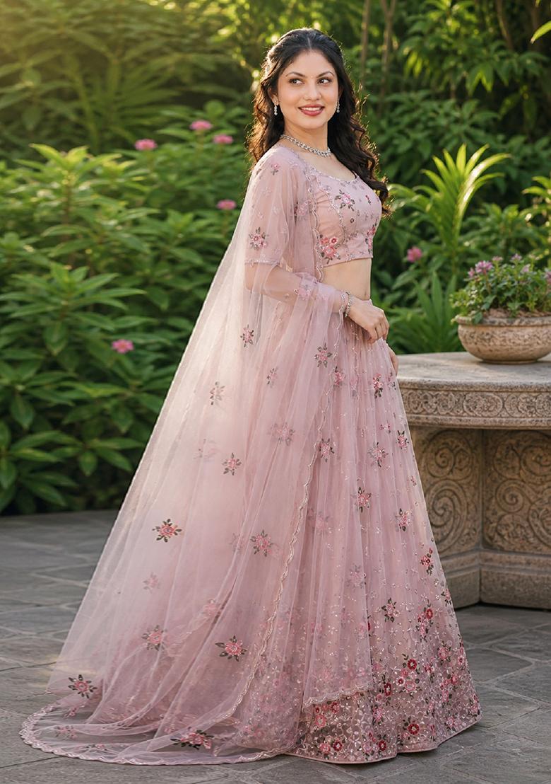Baby Pink Embroidery Net Lehenga Set - Indya