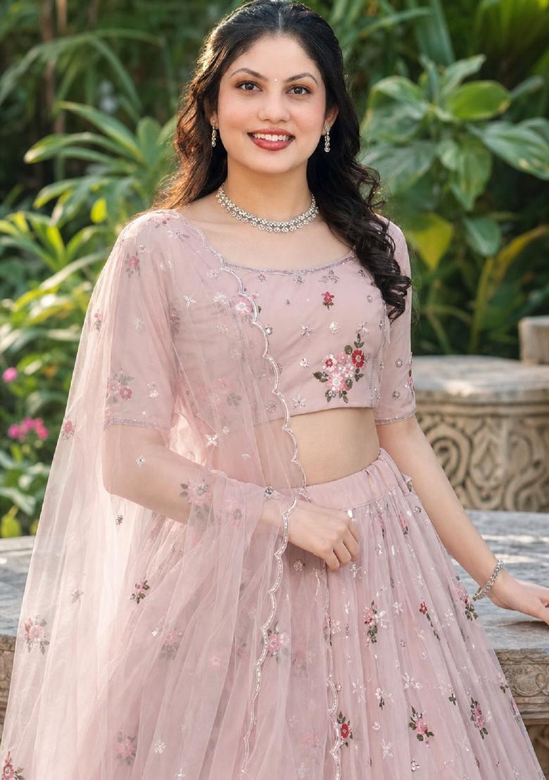 Baby Pink Embroidery Net Lehenga Set - Indya