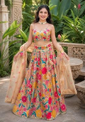 Beige Embroidery Georgette Lehenga Set