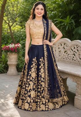 Navy Blue Embroidery Velvet Lehenga Set