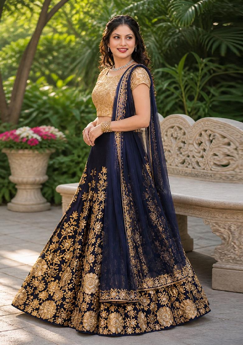 Navy Blue Embroidery Velvet Lehenga Set - Indya