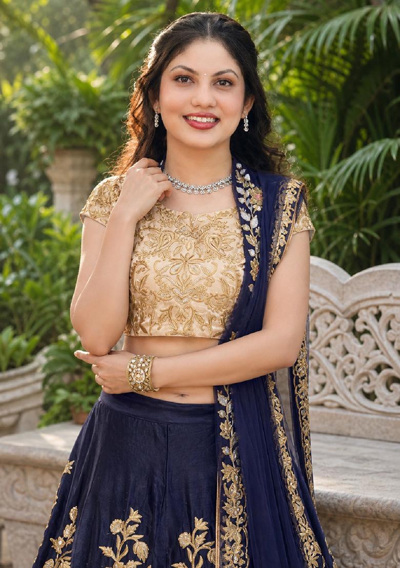 Navy Blue Embroidery Velvet Lehenga Set - Indya