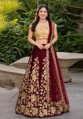 Maroon Embroidery Velvet Lehenga Set