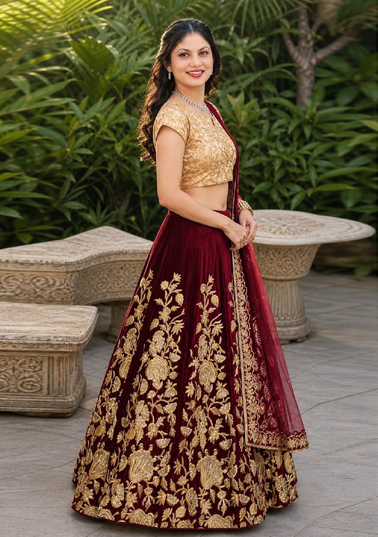 Maroon Embroidery Velvet Lehenga Set - Indya