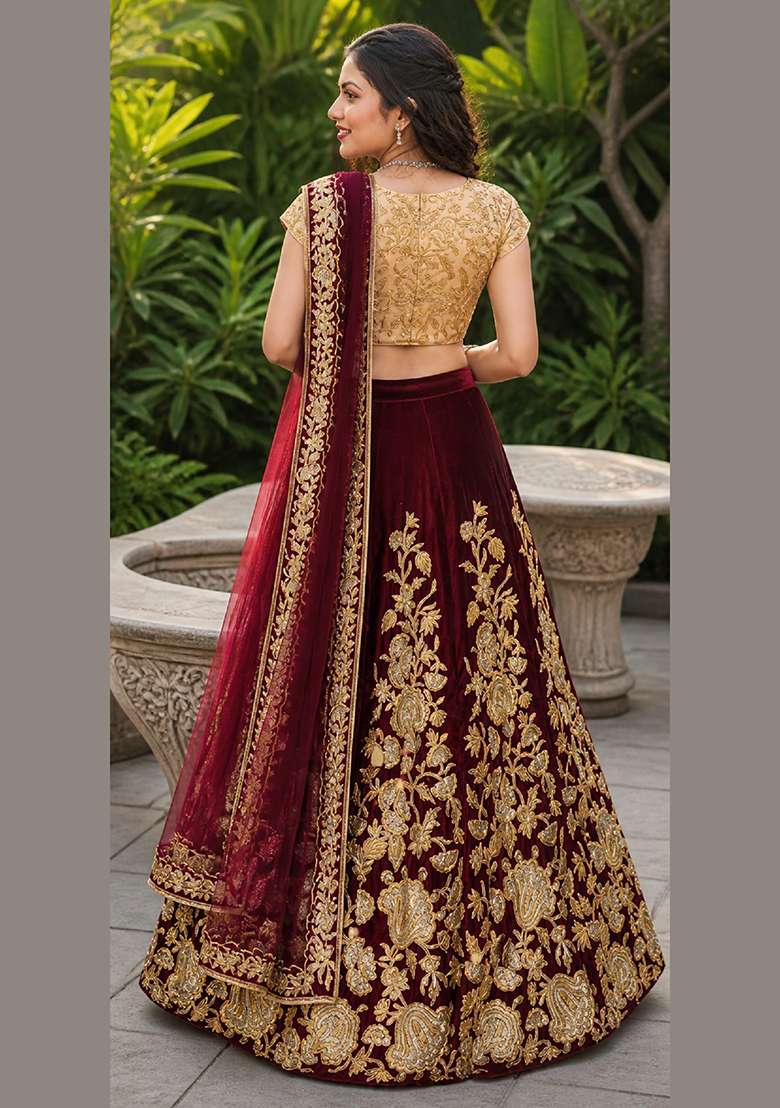 Maroon Embroidery Velvet Lehenga Set for Diwali and Festive Wear - Indya