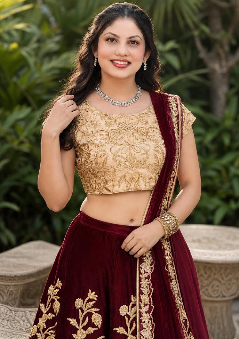 Maroon Embroidery Velvet Lehenga Set - Indya