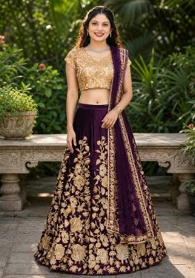 Purple Embroidery Velvet Lehenga Set