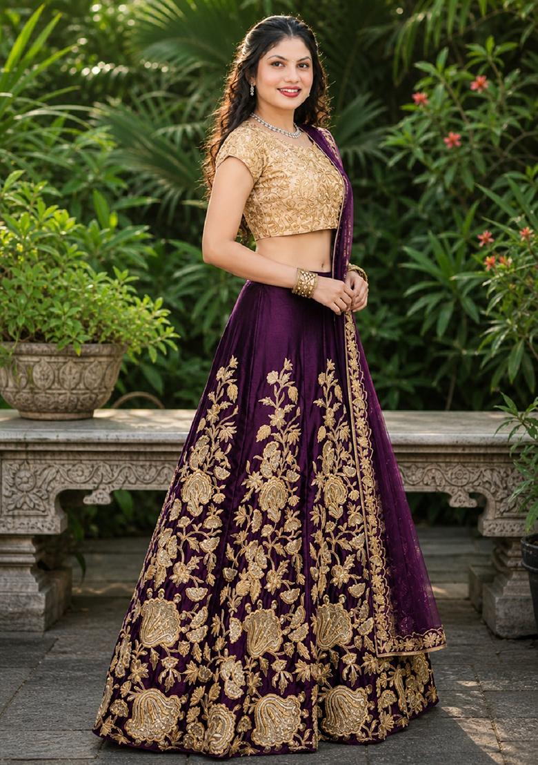 Purple Embroidery Velvet Lehenga Set - Indya