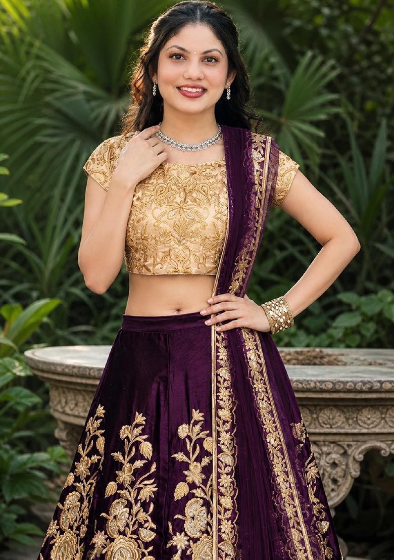 Purple Embroidery Velvet Lehenga Set - Indya