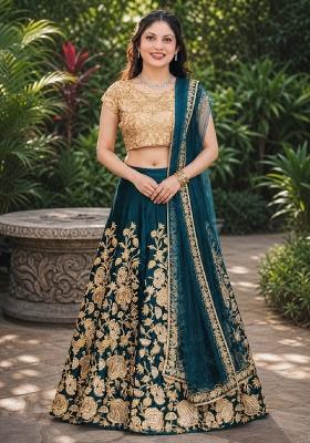 Turquoise Embroidery Velvet Lehenga Set